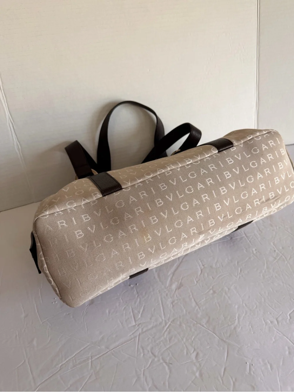 Bulgari Beige Logo Shoulder Bag with Brown Trim and Lilac Interior